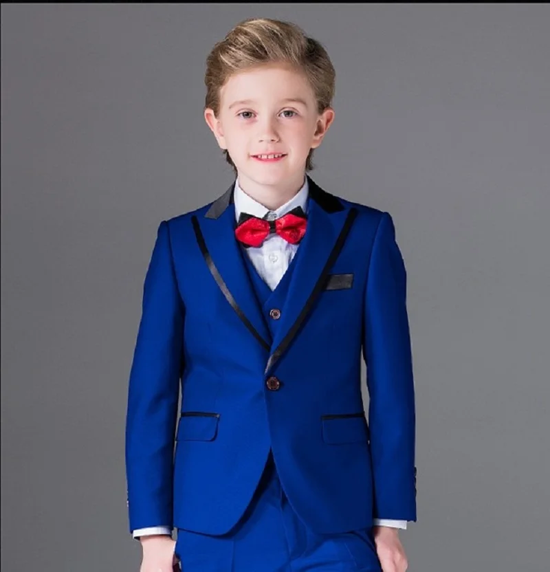 

Custom One Button Boy Tuxedos Blue Peak Lapel Children Suit Royal Blue/Red/Black Kid Prom Suit (Jacket+Vest+Pants)