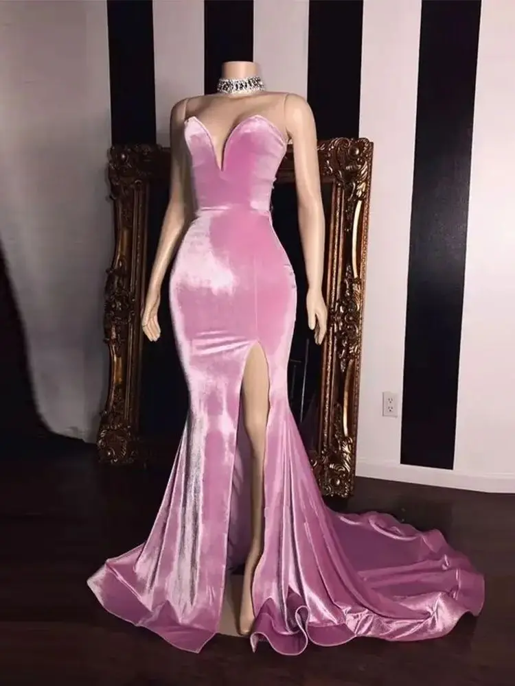 Vestido de baile de sereia de veludo rosa feminino, Decote V, Coxa dividida, Vestido de noite, Trem drapeado, Vestes formais, Sexy, 2024