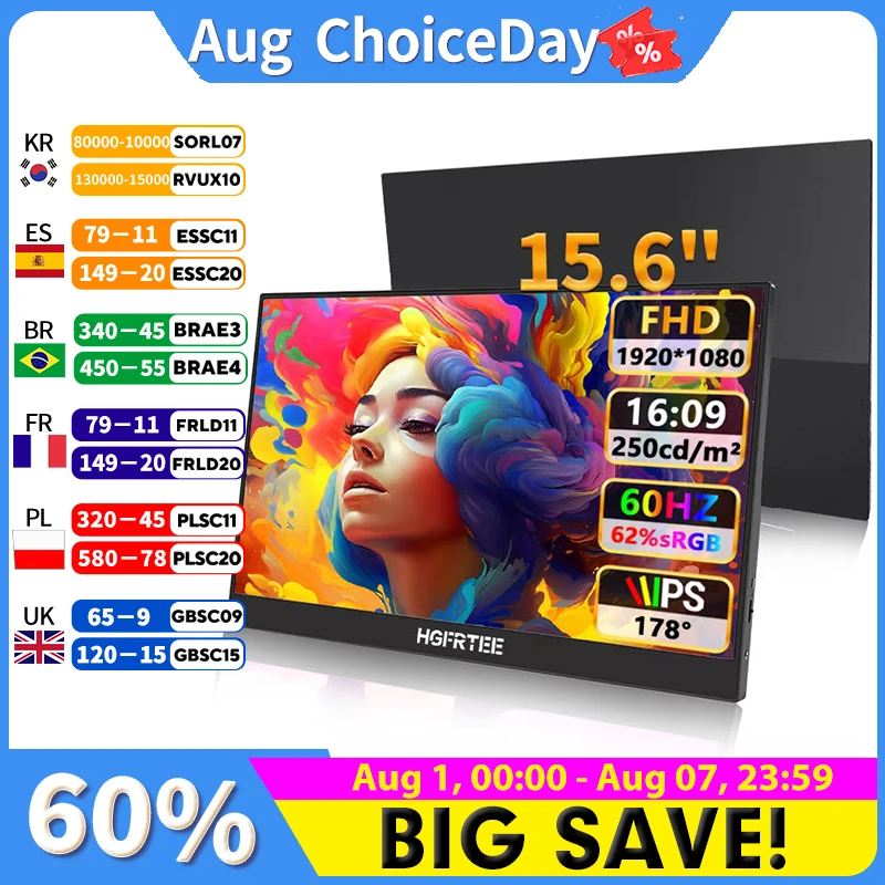 HGFRTEE 15.6'' FHD 1080P Ultra-Slim Portable Monitor with Dual Type-C & Mini HDMI Interface for Laptop PC Phone PS4 Xbox Switch