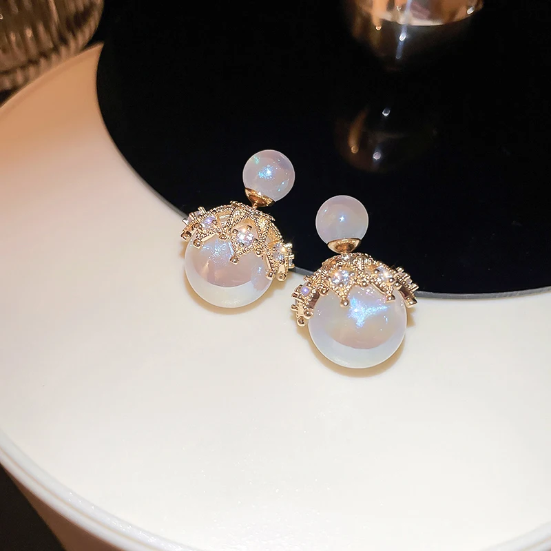 Rhinestone Imitation Pearl Drop Earrings Korean Temperament Double-Sided Earrings Fashion Elegant Design Ear Jewelry