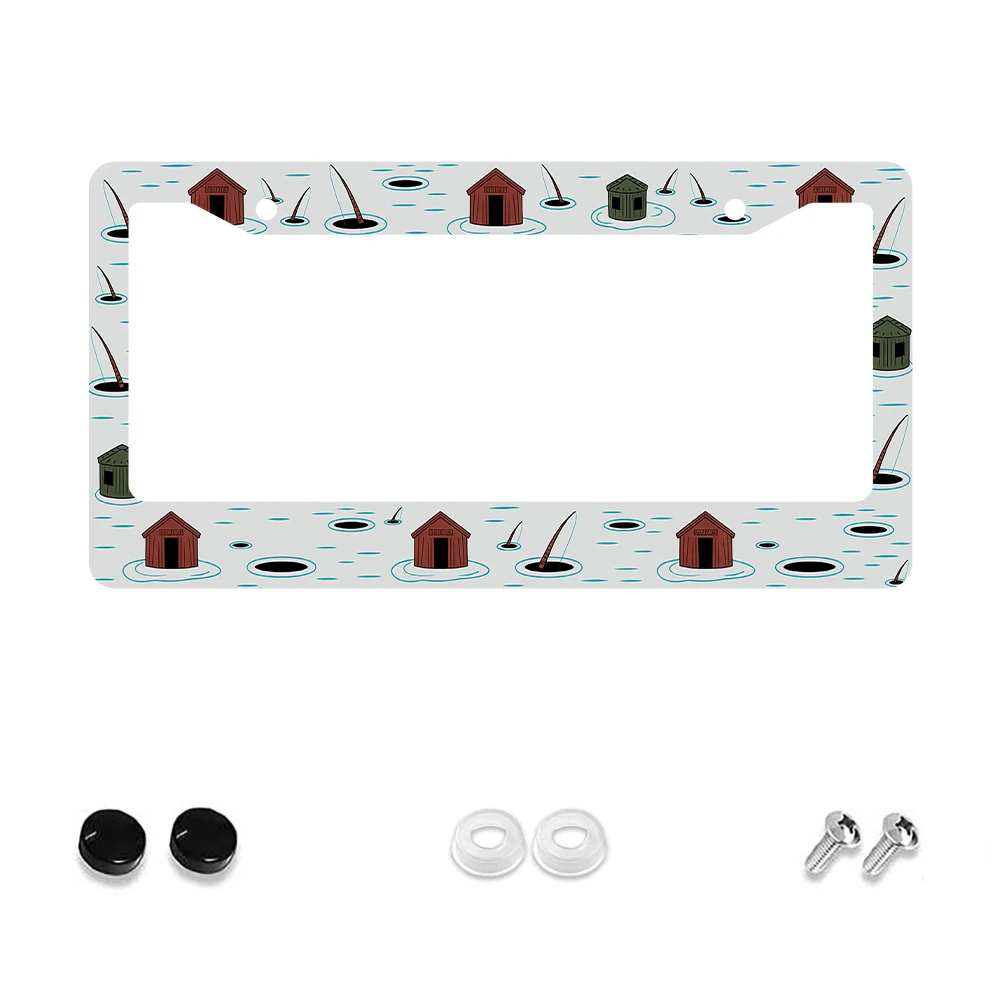 1pc Retro Fishing Hut Pattern 2-Hole License Plate Frame, Blue and Brown Color, Aluminum Material, 6x12 Inches, Includes Screw