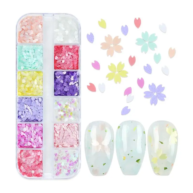 6/12 Grids Cherry Blossom Petals Nail Art Glitter Sequins Holographic Nail Flakes Sequin Mixed Iridescent Powder Nail Decoration
