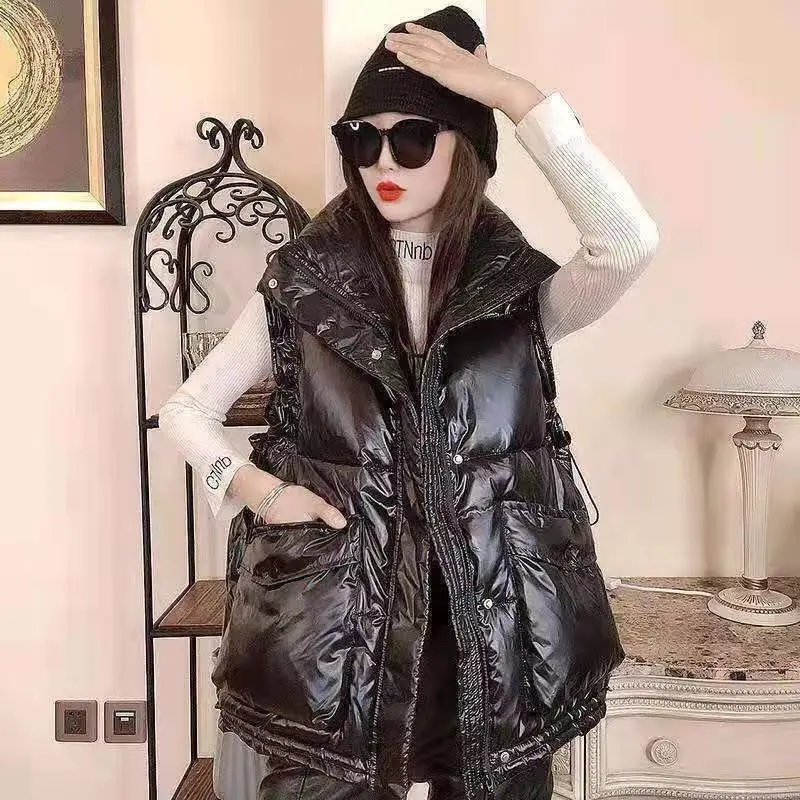 Winter Loose Short Vest Jacket Women Down Cotton Waistcoat Glossy Stand Collar Puffer Coat Female Warm Sleeveless Jacket Outwear