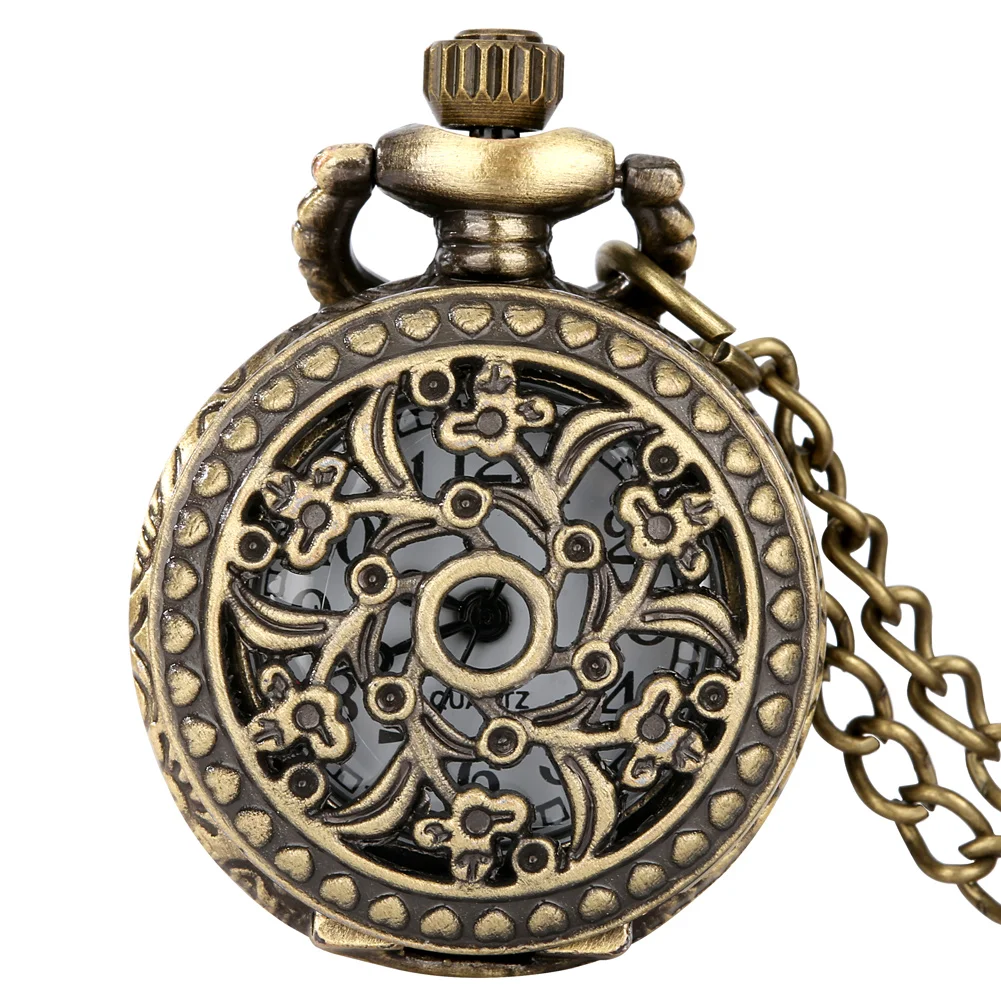 Montre de poche à Quartz pour filles, jolie petite taille, motif de fleurs creuses en Bronze, avec collier et chaîne, horloge