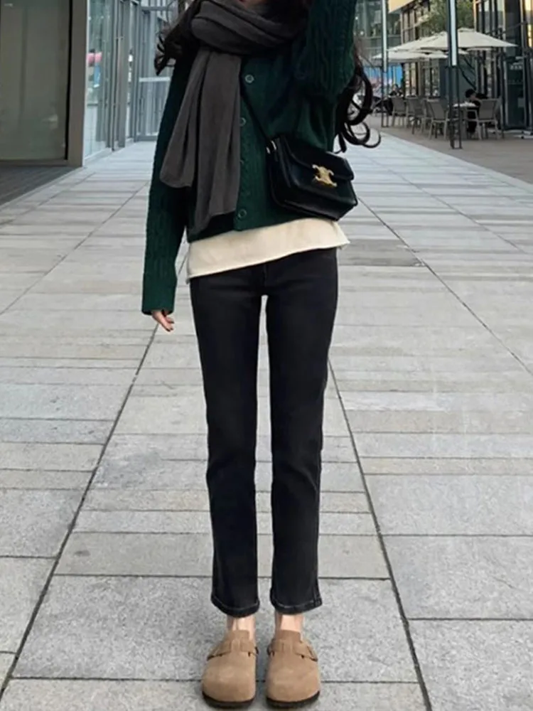 Hochgeschnittene, gefütterte Straight-Leg-Jeans für Damen, Herbst-Winter, Übergröße, Dreiviertel-Hose, lässige Baumwollmischung