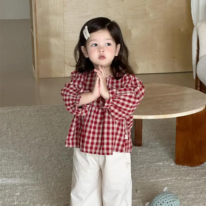 2025 Autumn New Baby Girl Cute Plaid Long Sleeve Shirts Cotton Girls Loose Casual Blouse Infant Toddler Tops Children Clothes