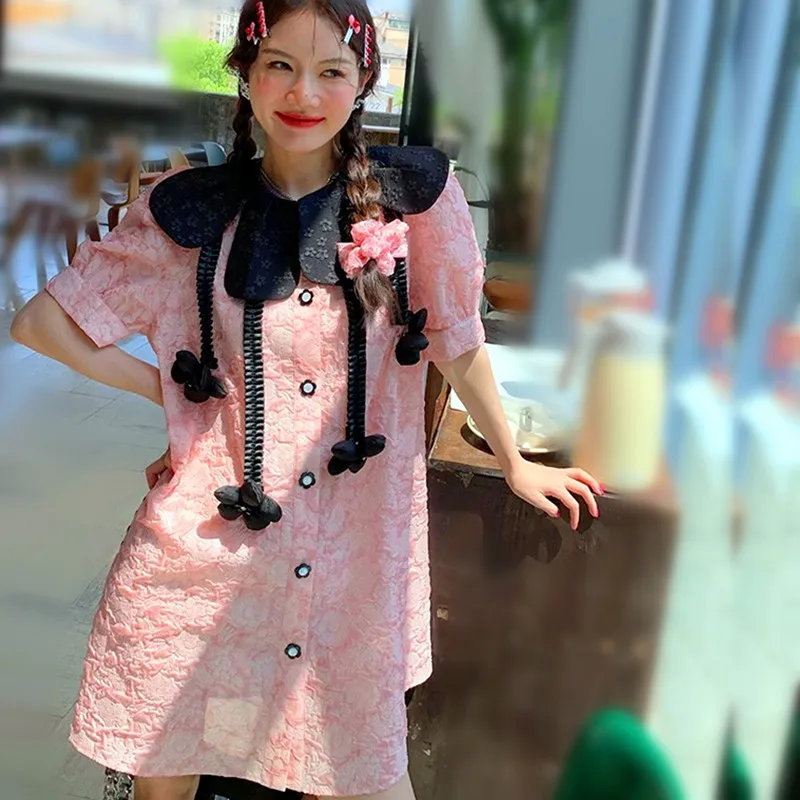 ชุดเดรสยาวลำลองแขนสั้นลายดอกไม้สีชมพูหวานน่ารักสำหรับผู้หญิงแฟชั่นฤดูใบไม้ผลิและฤดูร้อน รุ่น NZ266