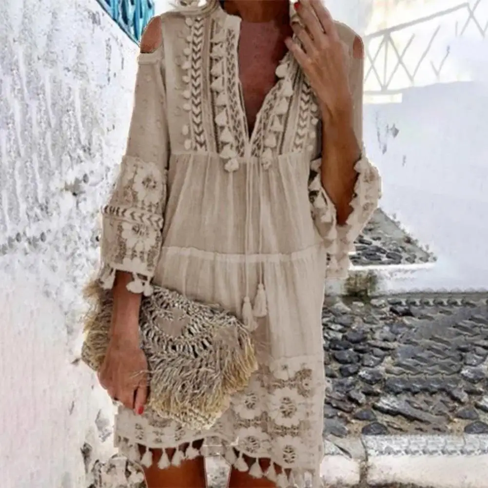 Robe en dentelle à franges à manches longues pour femmes, robe droite sexy, robe sans bretelles, col en V profond, robe d'été décontractée, robe de vacances Boho