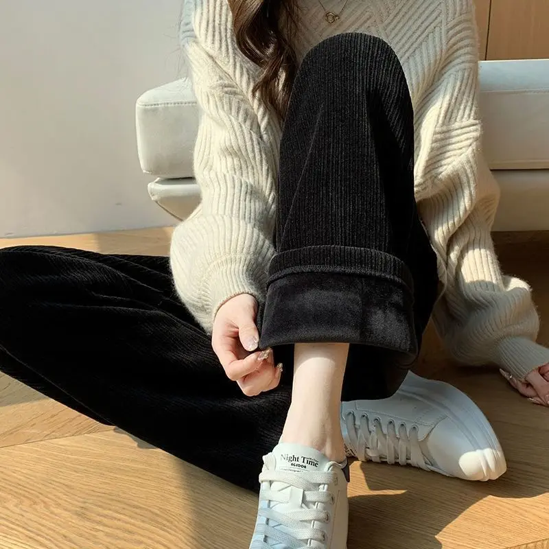 

Women Elegant Thickeing Pants Lace Up Elastic Waist Streetwear 2023 Spring Winter Casual Full Length Trousers Corduroy M79