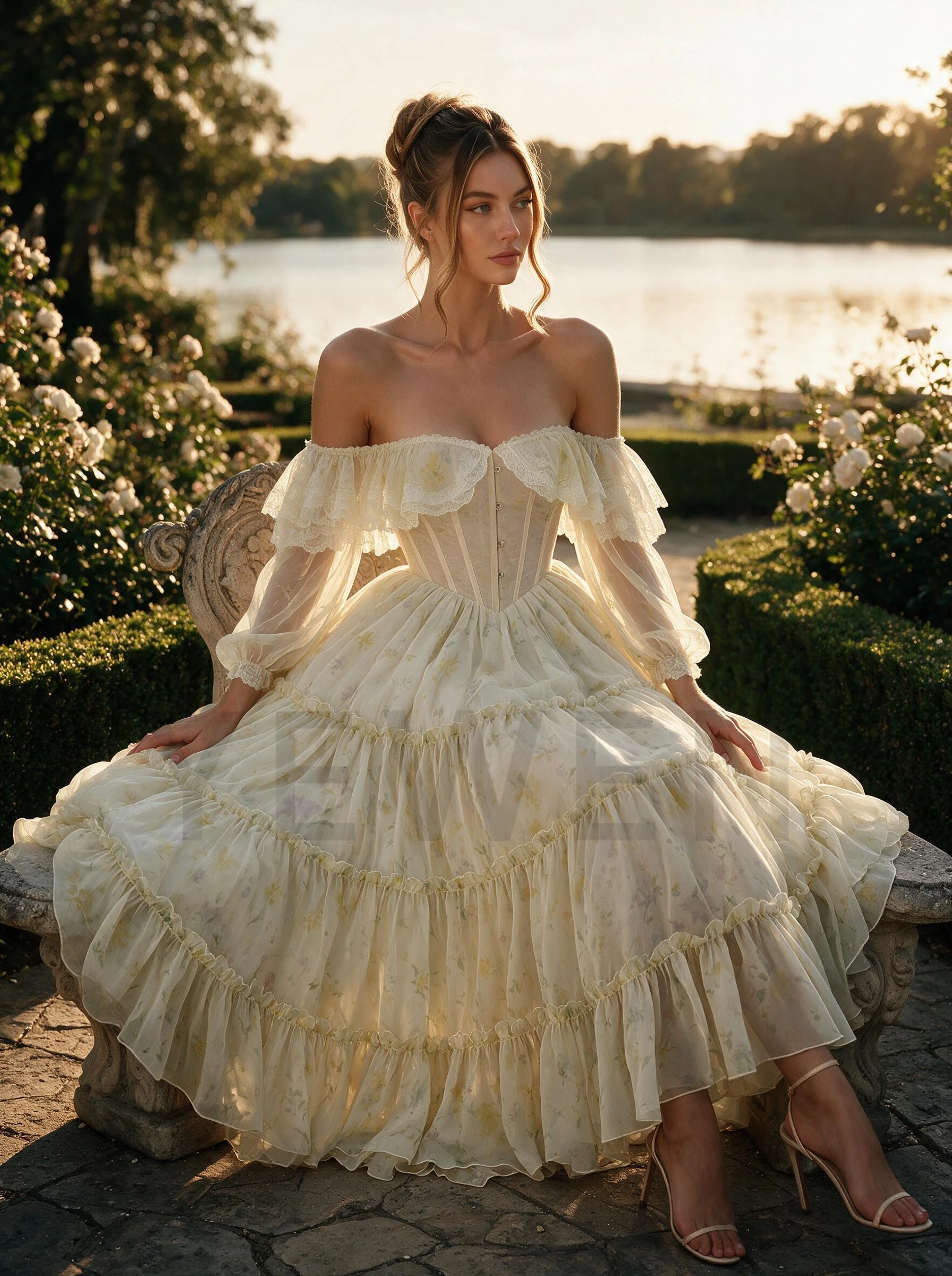 Yellow Floral Layered Ruffle Princess Dress with Puff Sleeve Corset WT268015
