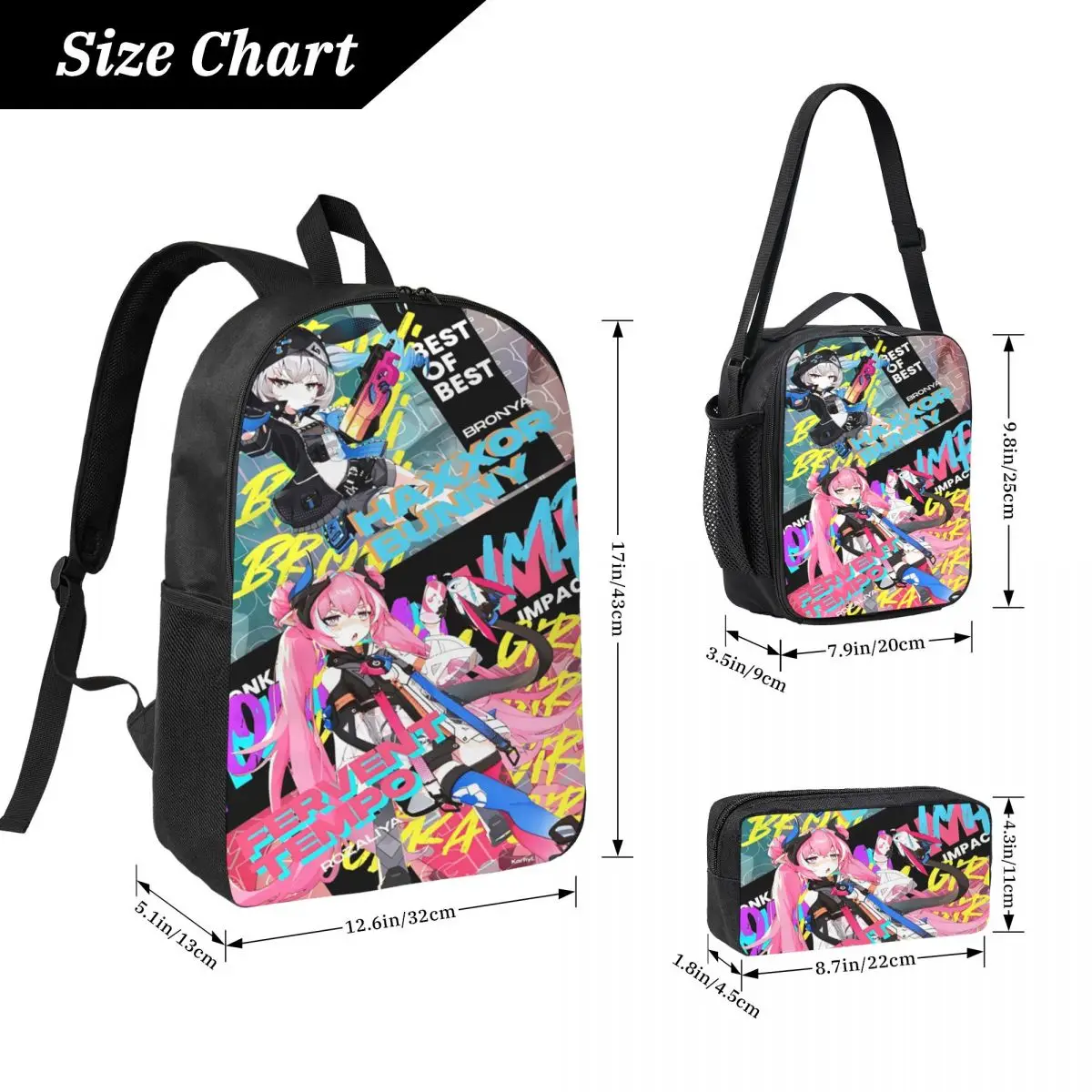 3 szt. Zestaw plecaków szkolnych ZZZ Zenless Zone Zero dla dzieci, piórniki, zestawy plecaków z torbą na lunch dla uczniów, plecak dzienny