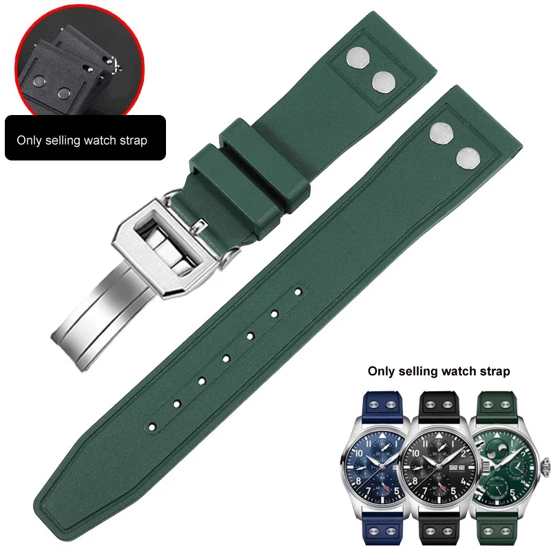 20mm 21mm 22mm Nature Soft Fluororubber FKM Rubber Watchband For IWC Strap Big Pilot Portofino TOP GUN Watch Band With Rivet
