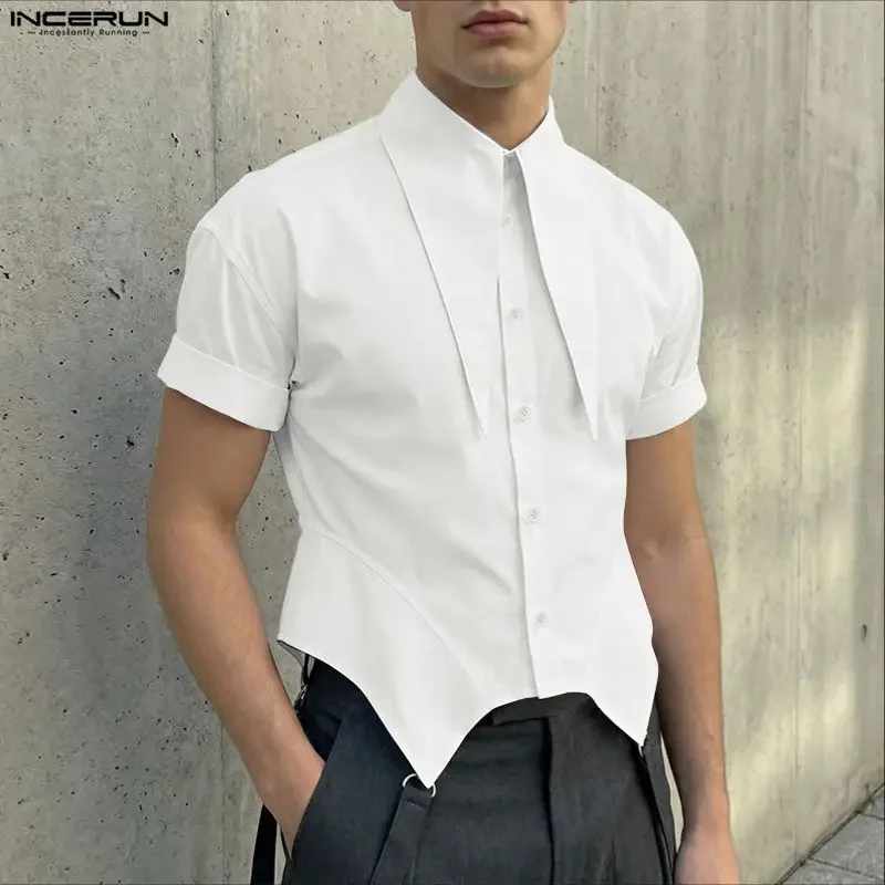 INCERUN Men's Shirt Solid Color Lapel Short Sleeve Casual Irregular Shirts For Man Streetwear Summer 2026 Stylish Men Clothes