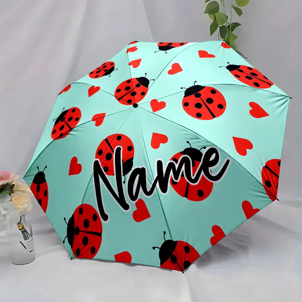 Custom Name Personalized Ladybug Umbrella with Adorable Heart Print 8 Iron Ribs Folding Umbrella Auto-Open Fashion Sunshade