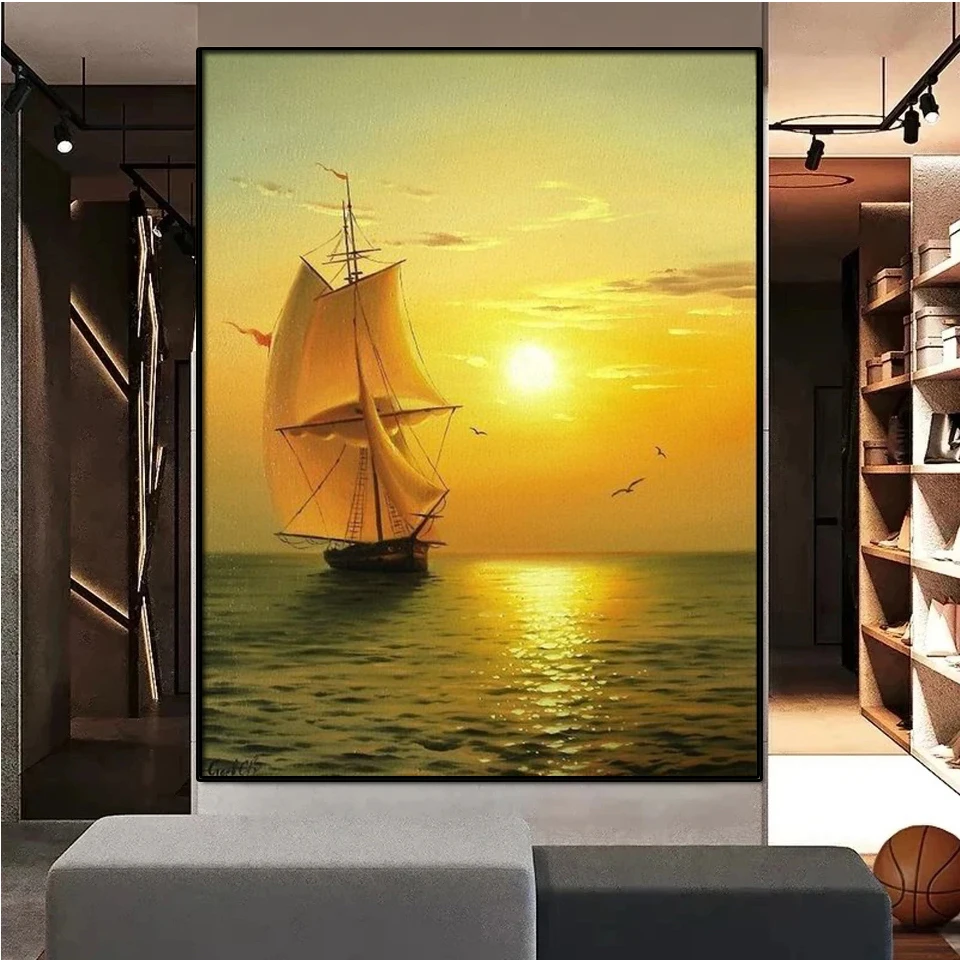 Landscape Ship Sailing Sea DIY Diamond Painting Boat Cross Stitch 5D Full Diamond Embroidery Mosaic Home Decor Handmade Art