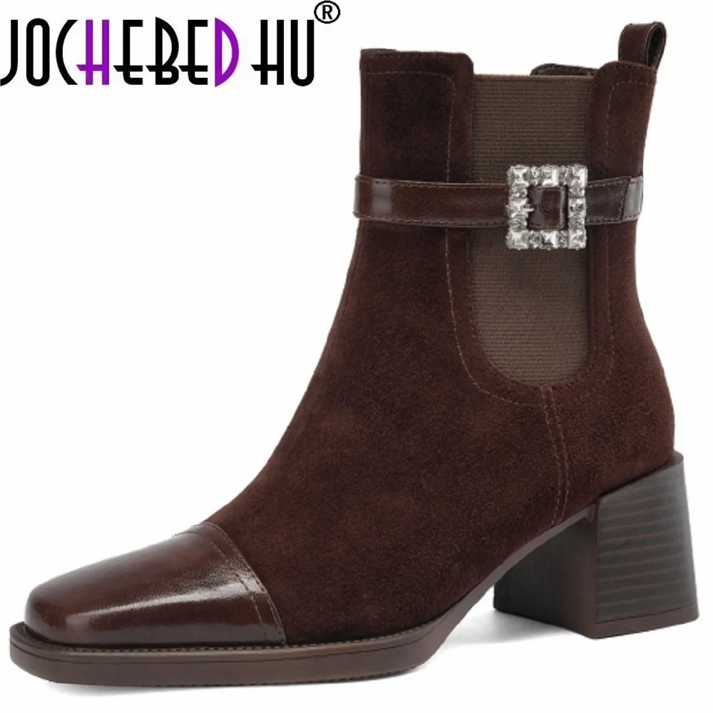 

【JOCHEBED HU】Women Boots Cow Suede Leather Shoes for Square Toe Chunky Heel Shoes Zip Short Boots Belt Buckle Modern Boots 34-40