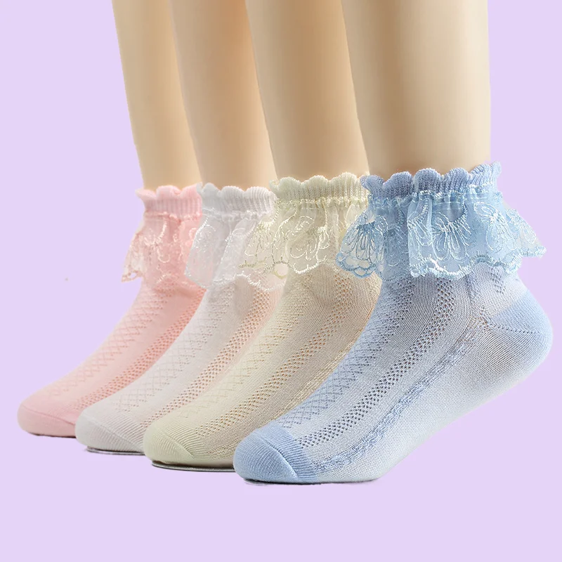 Chaussettes Courtes en Maille et Dentelle pour Bébé Fille, Respirantes, Blanches, Roses, Bleues, à Volants, Princesse, Enfant en Bas Âge, 4/8 Paires