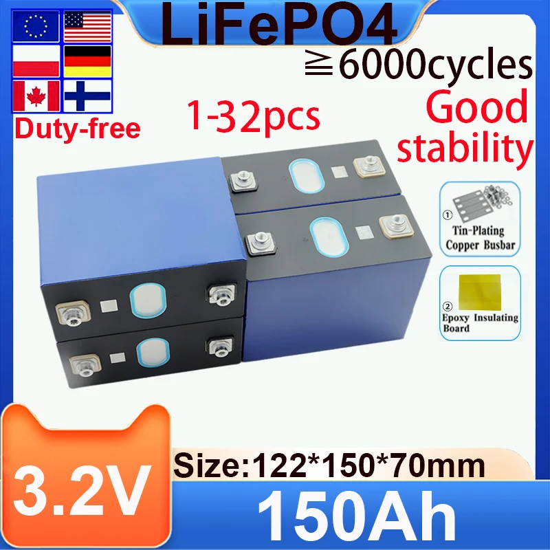 

New 3.2V 150Ah LiFePO4 battery 3C DIY 4s 8s 12v 24V 48V Motorcycle Electric Car travel Solar inverter Batteries Grade
