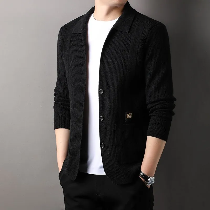 

Men's Knitted Cardigan Sweater Casual Collared Open Front Pullover Mid-aged Suitable Pure Color with Embroidery Spring Autumn