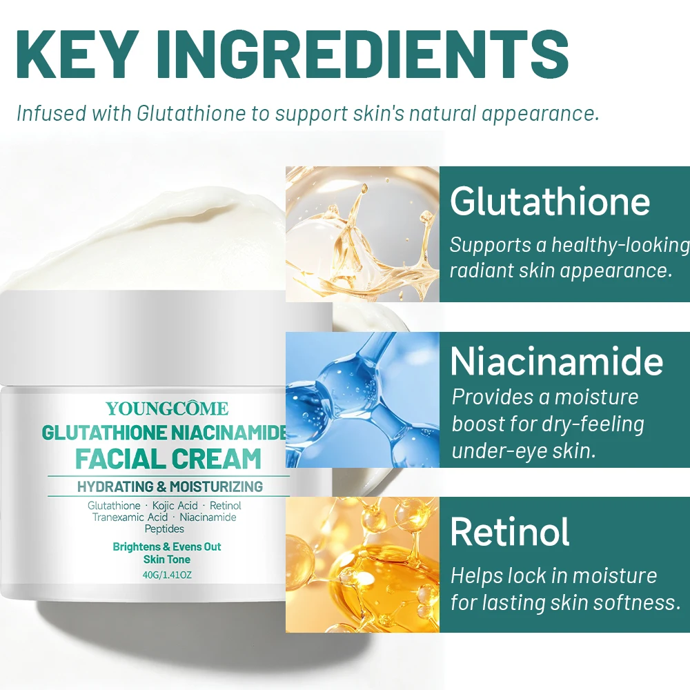 Glutathione Niacinamide Face Cream YOUNGCOME Kojic Acid Retinol Tranexamic Acid Peptides Daily Hydrating Moisturizing Face Cream