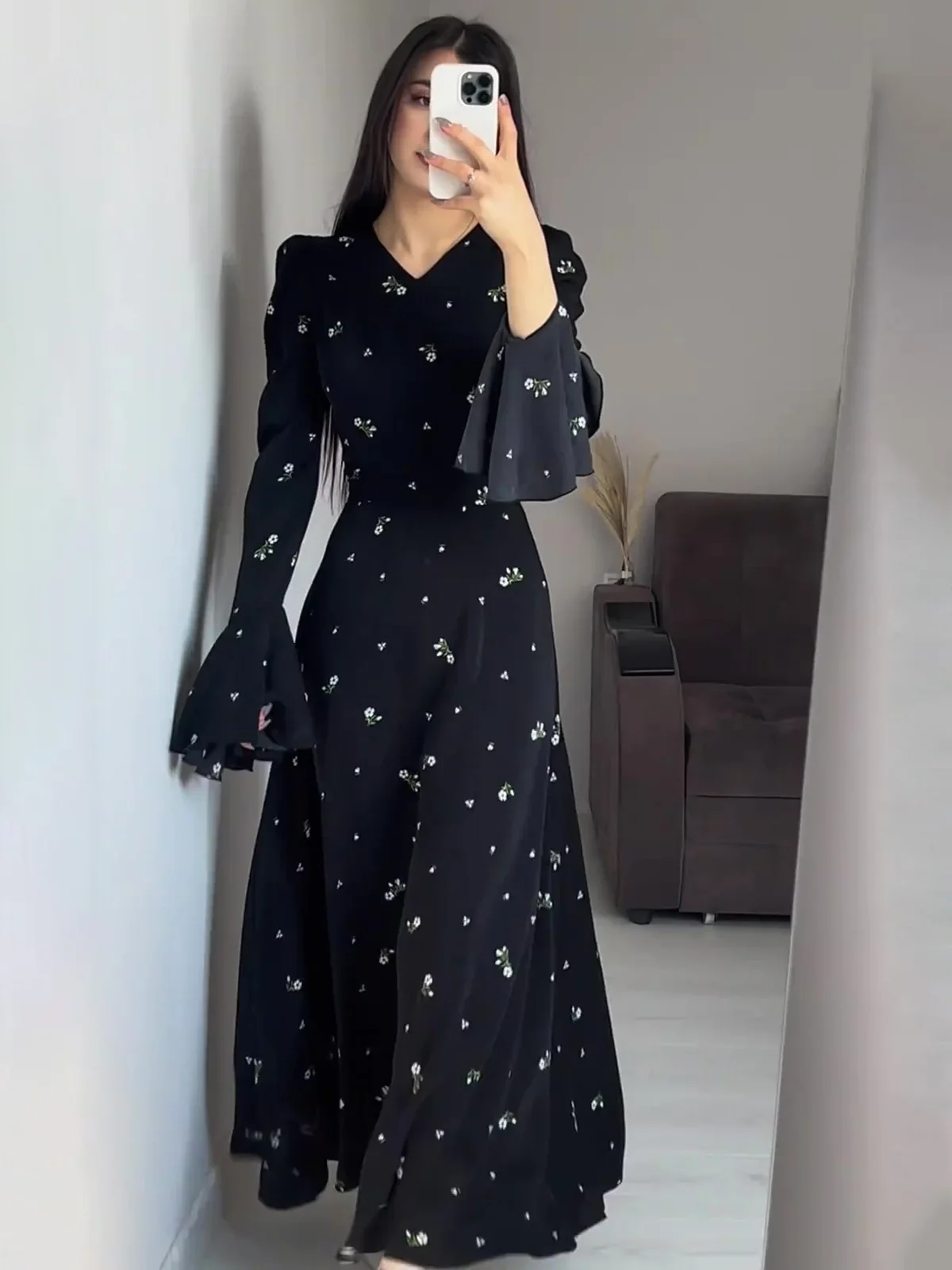 

Eid Muslim Party Dress for Women Ramadan Lotus Leaf Sleeve Print Long Dress Belt Abaya Vestidos Largos Dubai Robe Jalabiya 2024