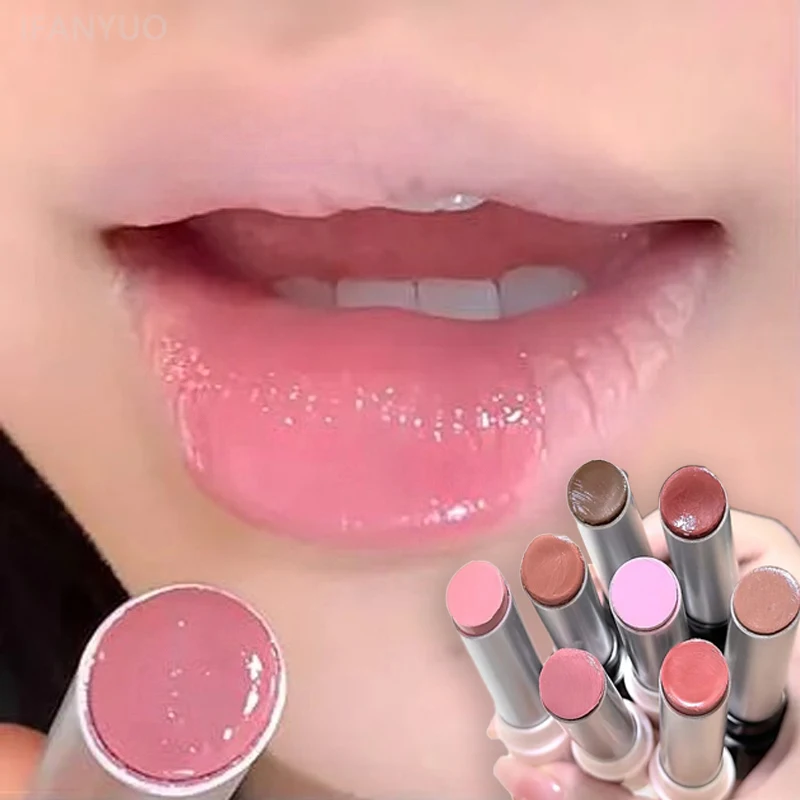 Pink Crystal Mirror Glass Solid Lip Gloss Round Tube Water Light Jelly Lipstick Moisturizing Clear Lip Glaze Nude Brown Lip Tint