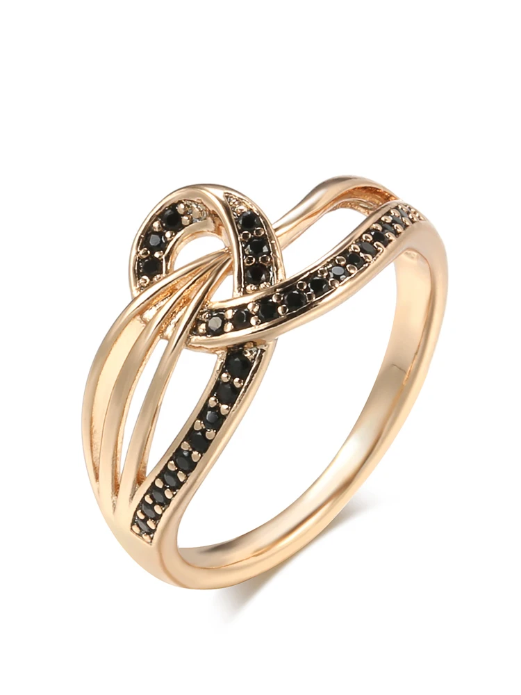 Kinel New 585 Rose Gold With Black Natural Zircon Ring Geometric Line Cross Wedding Rings for Women Fashion Vintage Jewelry