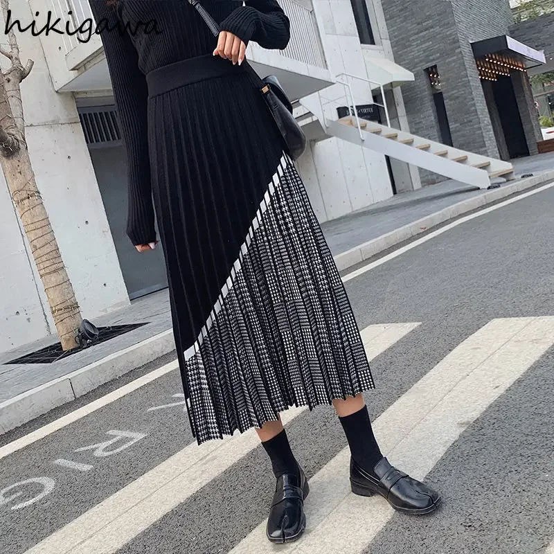 Vintage Skirts for Women Hihg Waist Slim A-line Long Jupe Patchwork Plaid Fashion Pleated Knit Skirt 2023 Faldas Mujer De Moda