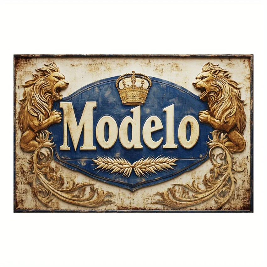 Vintage-Inspired Modelo Beer Metal Tin Sign - , Iron Foil Engraved Wall Art for Home, Bar, Cafe,Garage Decor, Golden Lions,Crow