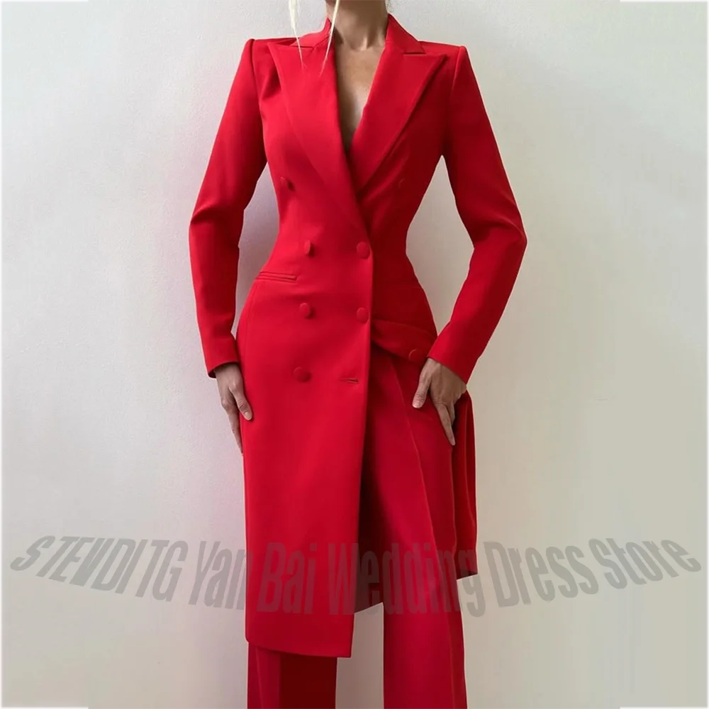 Luxury Red Women's Suit Two Pieces New Arrival Peaked Lapel Double Breasted Long Coat Outerwear Slim Fit Elegant Blazer Set