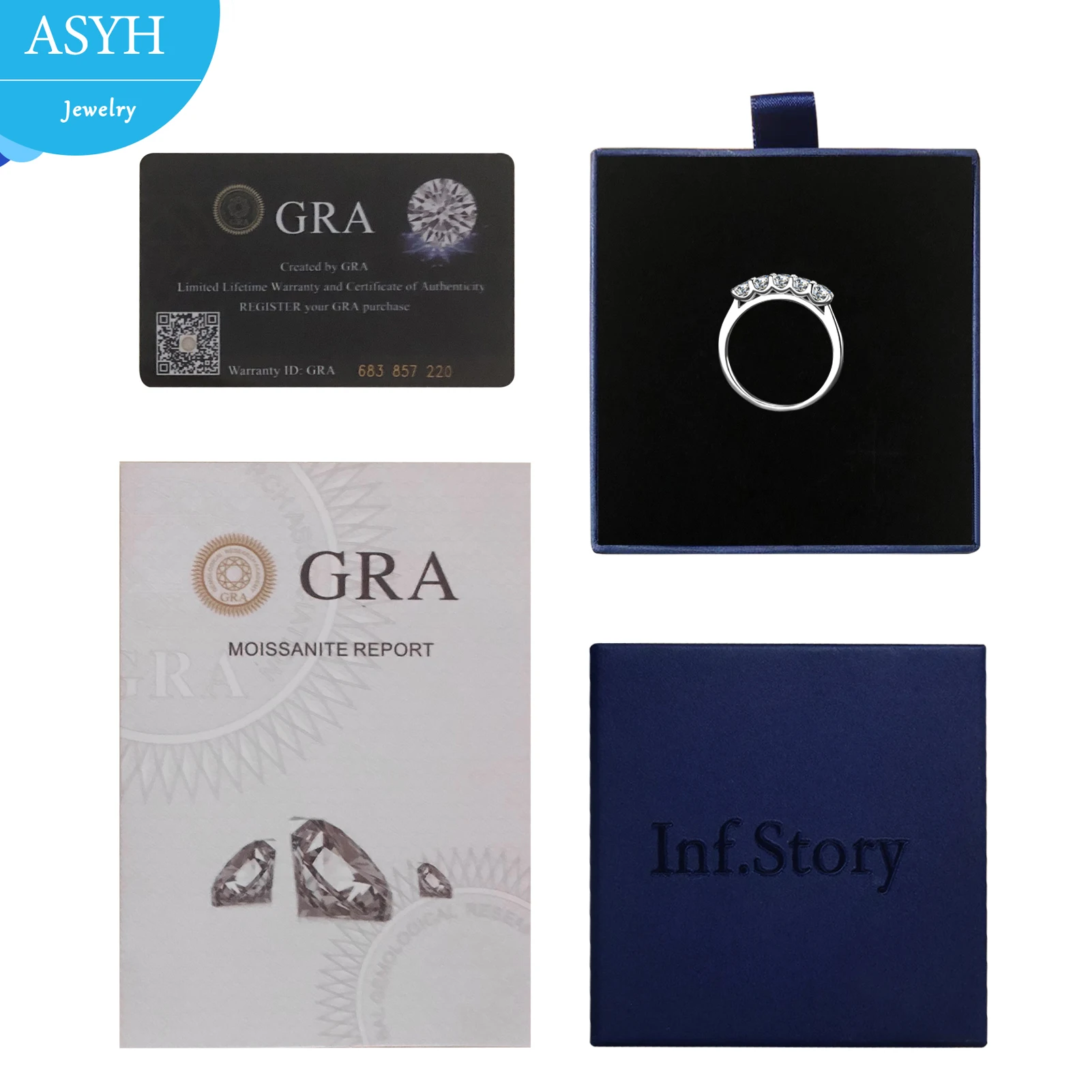 خاتم خاتم زفاف أسيس مويسانيتي 5 أحجار 0.57cttw D اللون مختبر الماس مطلية بالذهب 925 خواتم فضية قابلة للتكديس للنساء