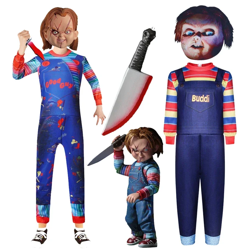 Disfraz de Cosplay de Chucky para niños, muñeca fantasma, conjunto completo, máscara, cuchillo de plástico, Disfraces de Halloween de terror, vestido de Festival de pesadilla para niña