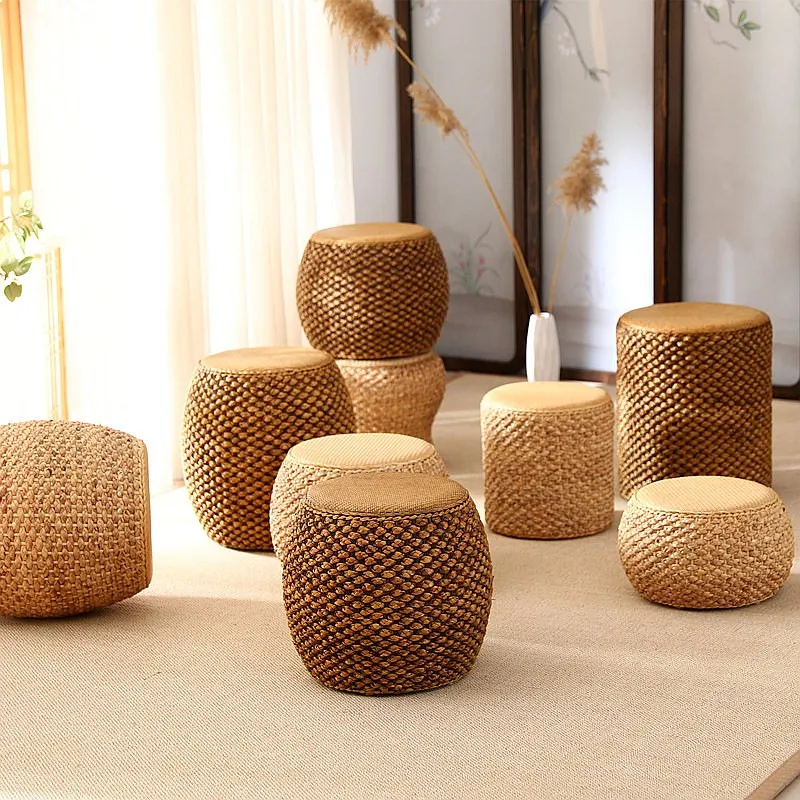 Rattan Woven Drum Ottoman Stool for Entryway Shoe Change Vanity Seat Guzheng Bench