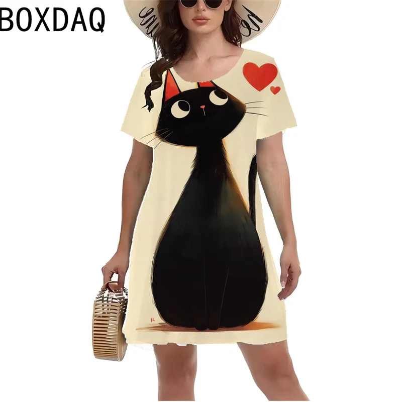 Fashion Funny Women Cat Pattern 3D Cartoon Print Mini Dress Summer Oversized Short Sleeve O-Neck Casual Dress Vestidos