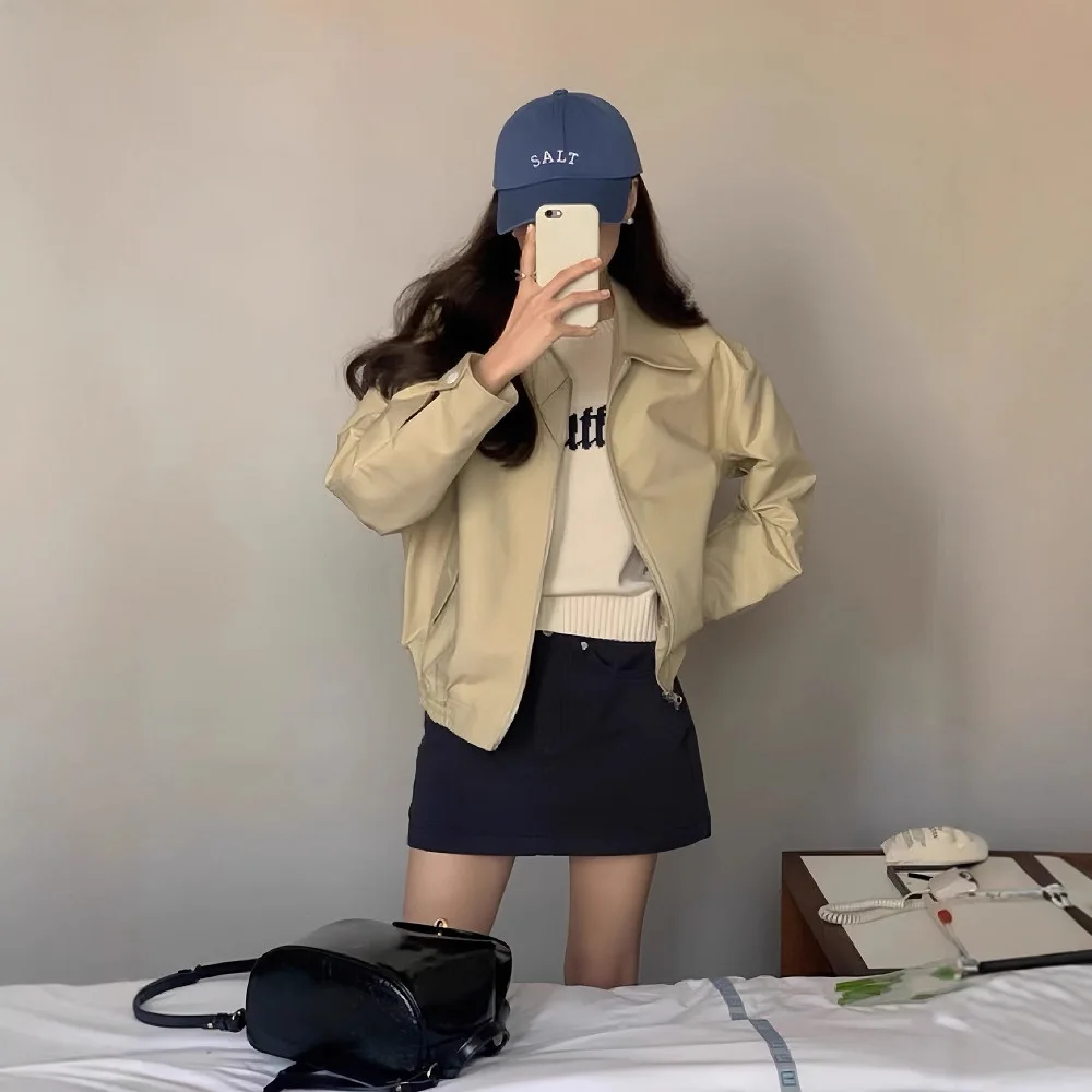 Short tooling jacket women's autumn new high-end small casual loose lapel baseball jacket