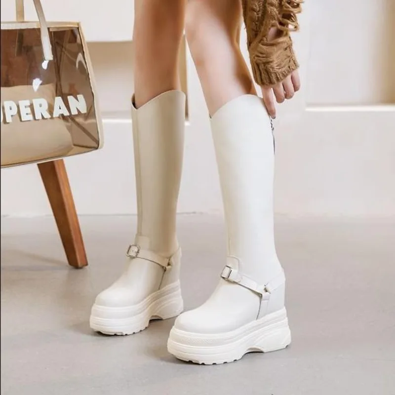 

Punk Style Women Knee High Boots Fashion Buckle Motorcycle Shoes Thick Heels Autumn Winter Ladies Leather Knight Long Booties