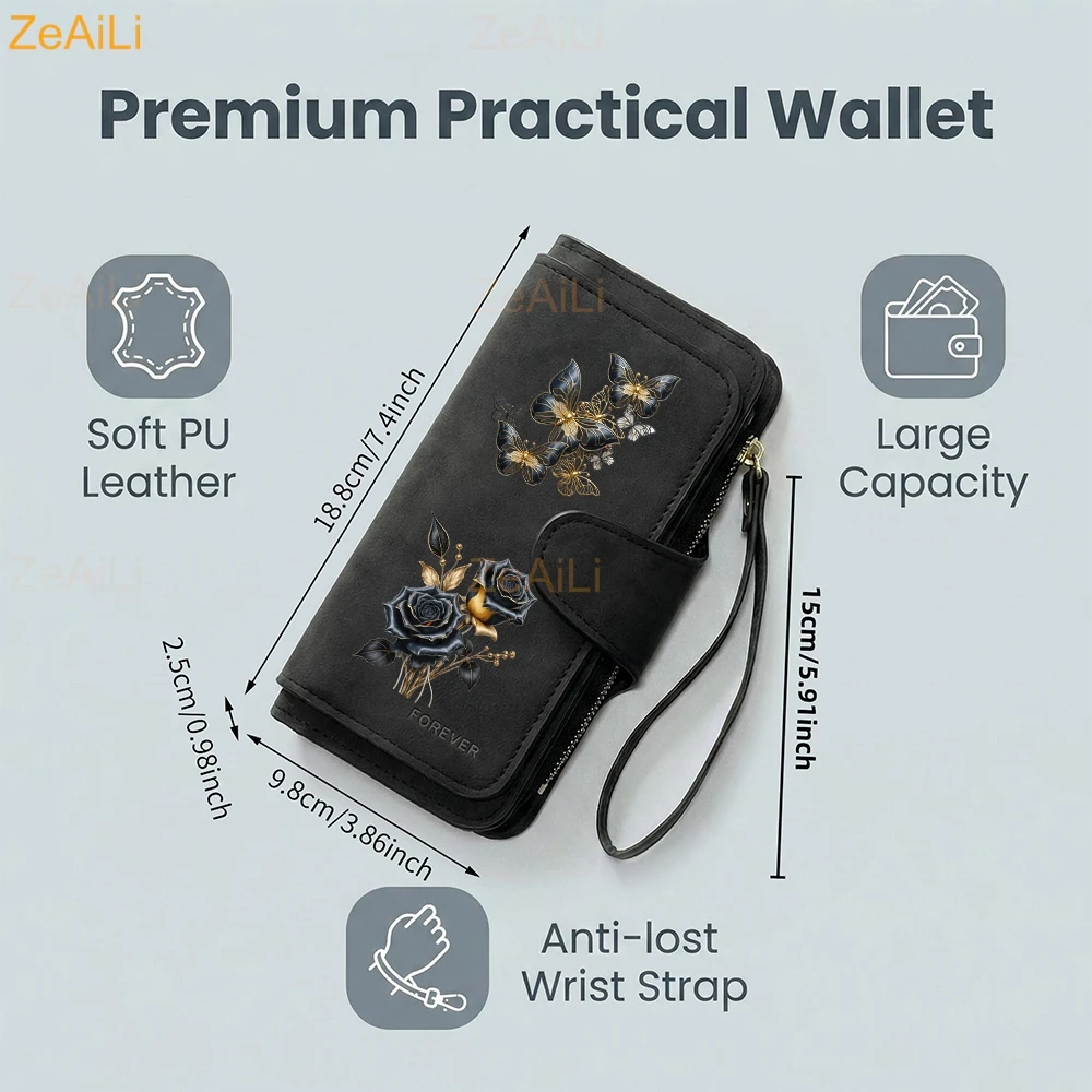 Sunflower Butterfly Pastoral Wind Damen-Geldbörsen aus Leder für Damen, langer Reißverschluss, große Damen-Clutch-Tasche, Damen-Geldbörse, Kartenhalter – Detail 1