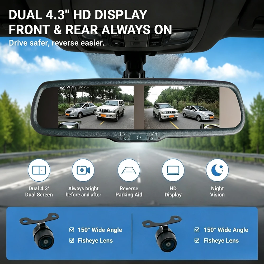 Special car-specific 4.3-inch dual-screen front and rear always-on driving monitoring system, 170° wide-angle fisheye camera,