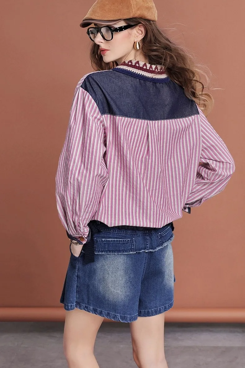 Shirt Women Print Print Long Sleeve Blouse Casual Feminina Blousa Vintage Retro Flowers Collar Patchwork Spliced Shirts NZ286