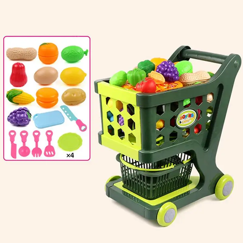 Pretend Play Grocery Store Toy Kids Shopping Cart Trolley Pretend Play Kit Round Wheel Design Play Kitchen Toys for Christmas