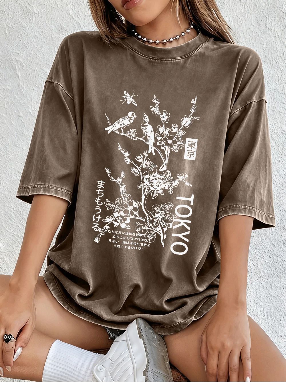 Tokyo Flowers And Birds Prints Womens Washed T Shirts Cotton T-Shirt Casual Y2K Vacation Sportswear Summer Loose Tee Top
