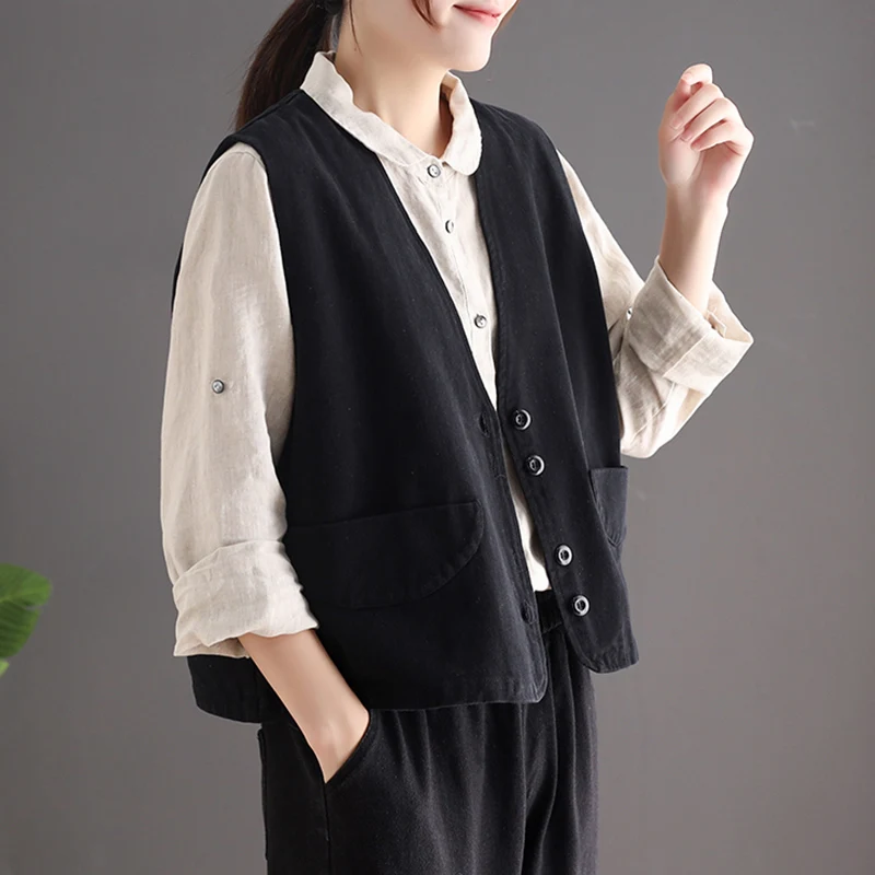 Chaleco de algodón completo vintage de primavera, camiseta sin mangas artística de talla grande para mujer, chaleco de color con un solo botón de talla grande, ort J...
