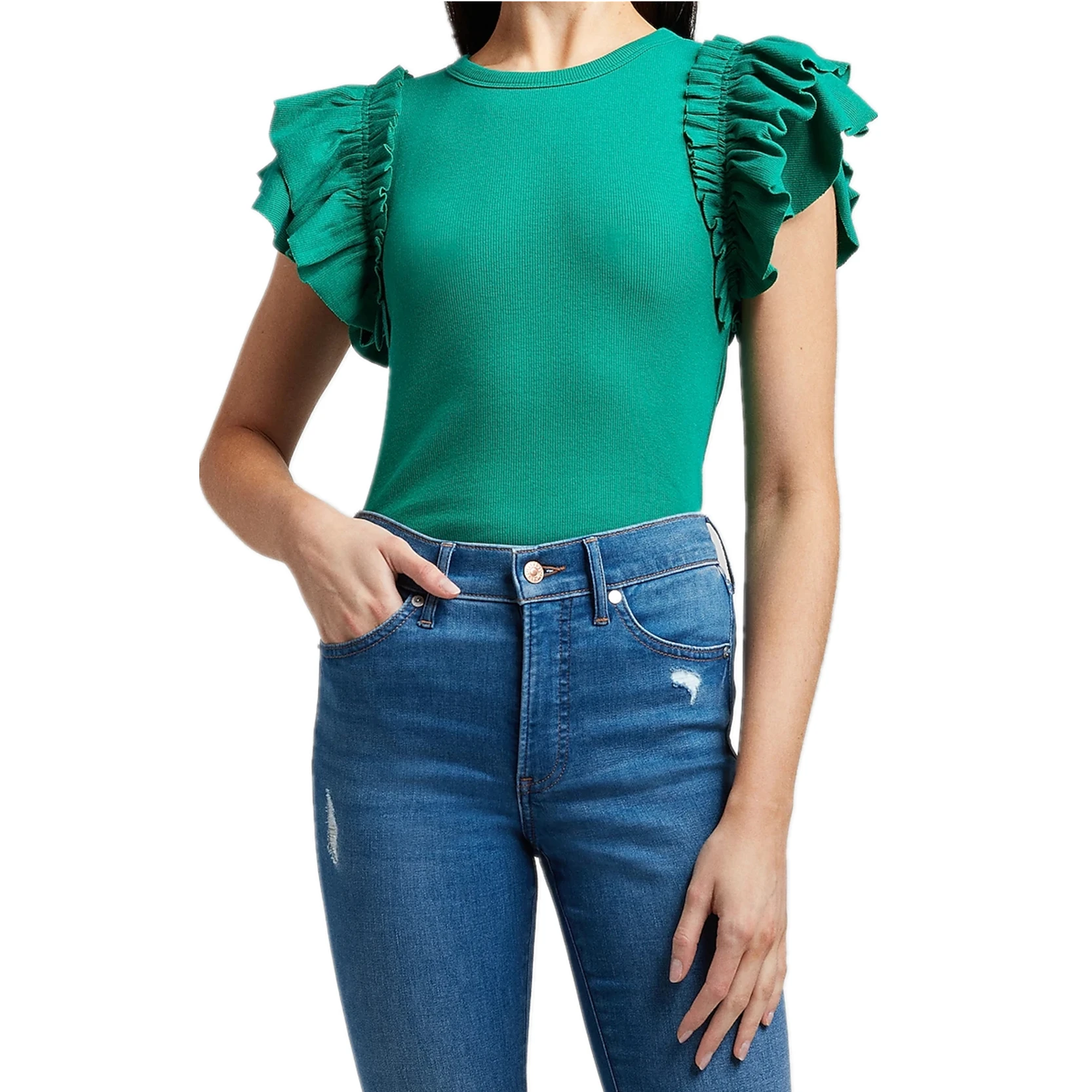 New Black Short Ruffle Sleeve Women Tops And Blouses Summer Cotton Solid Ribbed Crew Neck Casual Straight Hem Women Blouse Tees