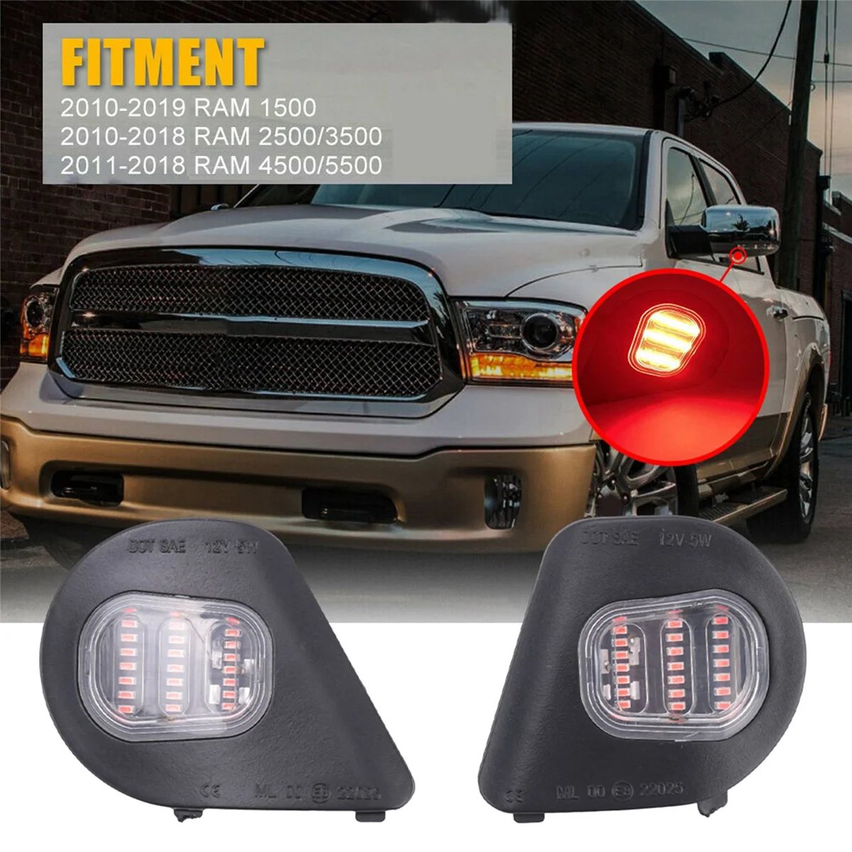 2Pcs Red LED Side Mirror Lights Under Puddle Lamp for 2010-2019 Dodge Ram 1500 2500 3500 4500 5500 68302825AA,68302824AA