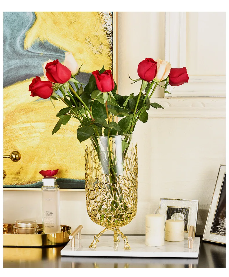 Creative Creative Glass Vase Golden Bracket Branches Hollow High Feet Transparent Hydroponic Flower Arrangement Metal Crafts Flo