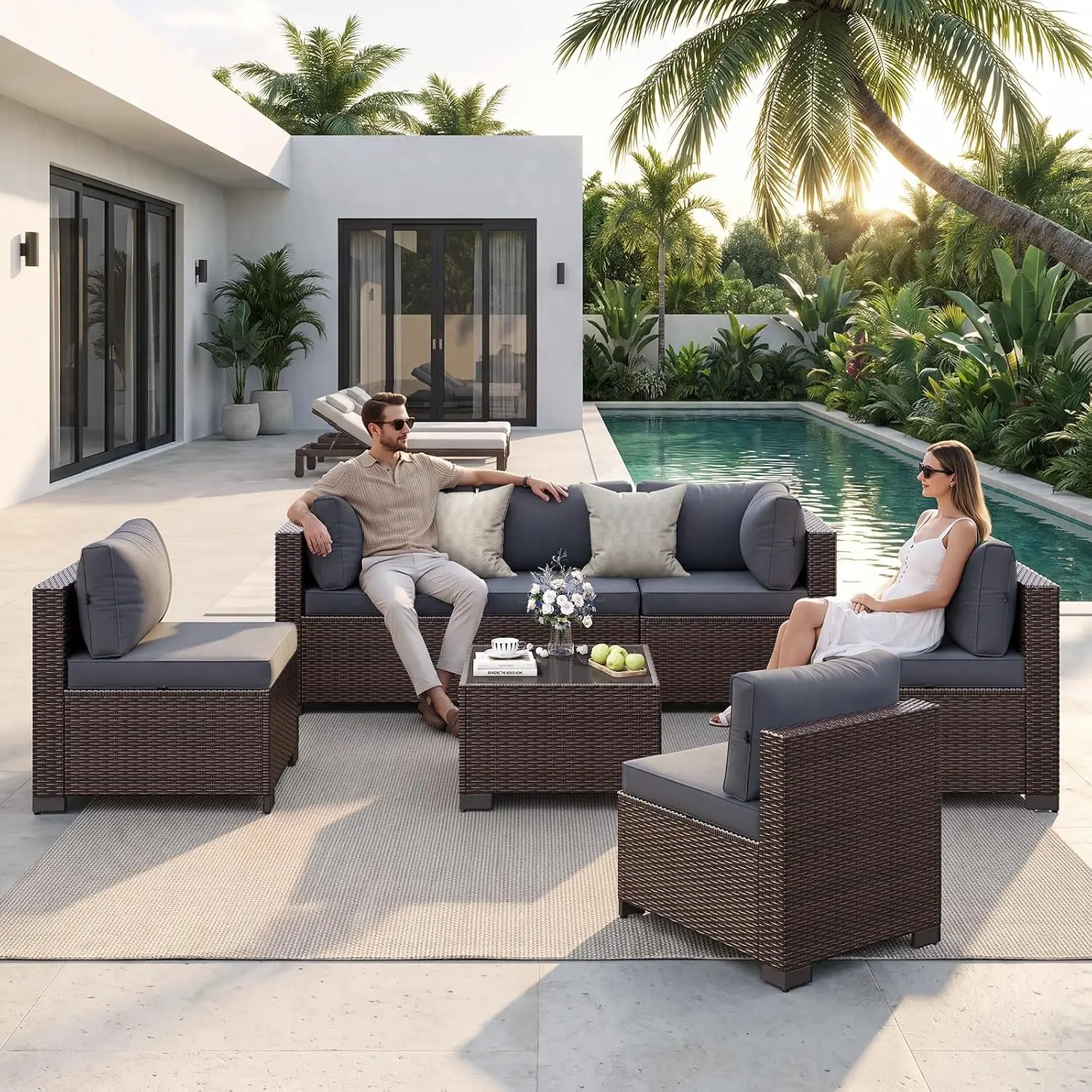 7-Piece Outdoor Wicker Sectional Sofa Set with Thick Cushions for Backyard Poolside Garden, Customized