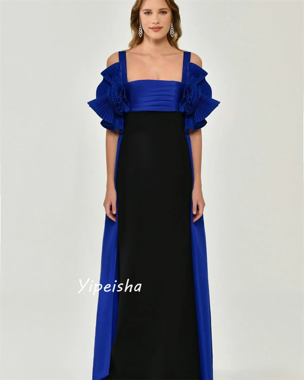 Jiayigong High Quality  Casual Formal Square Collar A-line Pleat Floor-Length Satin Bespoke Occasion Dresses Evening