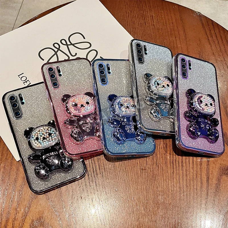 For Huawei P30 Pro Case Soft Silicone Bling Electroplated TPU Cell Phone Casing For VOG-L09 VOG-L29 Back Cover Cute Bear Stand