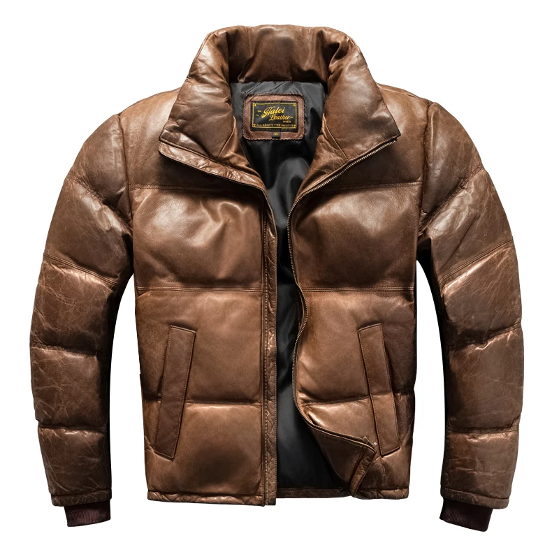 Light Brown Winter Leather Jacket Men Retro Style Plus Size 5XL Genuine Natural Sheepskin Stand Collar Vintage Casual Down Coat