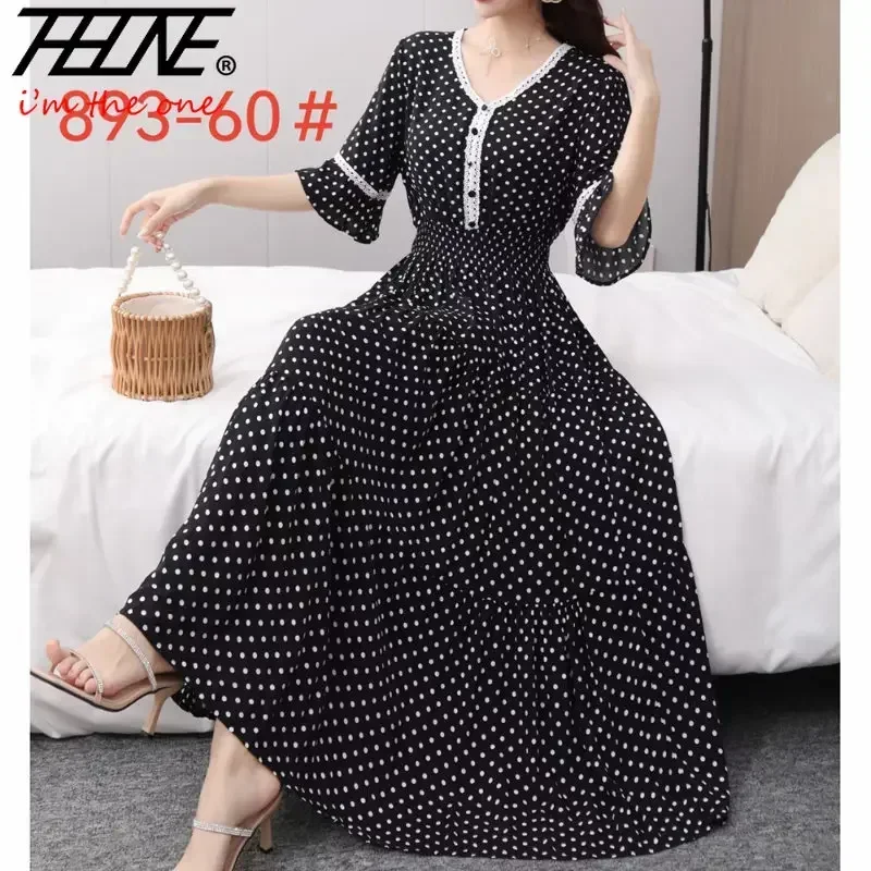 Loose Summer Dress Women Bohemian Korean Style Polka Dot and Floral Cotton Maxi Print Beach V-Neck Casual Vintage Vestidos Robe